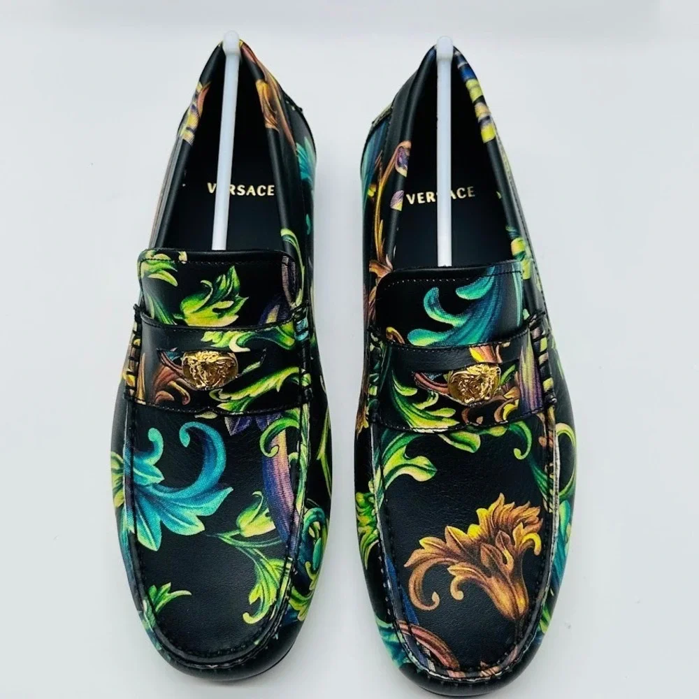 Versace Car Shoe Vitello St Barocco Loafers Black Multicolor Medusa Mens 8 IT 40